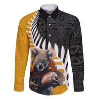 New Zealand and Australia Rugby Family Matching Off Shoulder Short Dress and Hawaiian Shirt Koala and Maori Warrior Together LT03 Dad's Shirt - Long Sleeve Black - Polynesian Pride