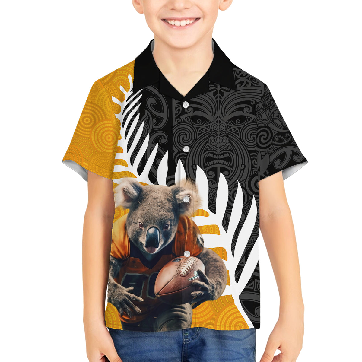 New Zealand and Australia Rugby Family Matching Puletasi and Hawaiian Shirt Koala and Maori Warrior Together LT03 Son's Shirt Black - Polynesian Pride
