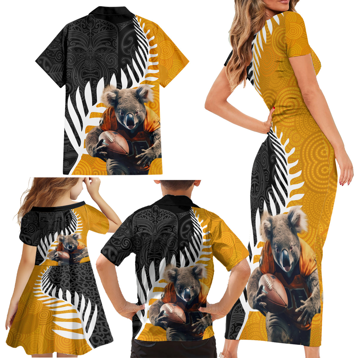 New Zealand and Australia Rugby Family Matching Short Sleeve Bodycon Dress and Hawaiian Shirt Koala and Maori Warrior Together LT03 - Polynesian Pride