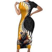 New Zealand and Australia Rugby Family Matching Short Sleeve Bodycon Dress and Hawaiian Shirt Koala and Maori Warrior Together LT03 Mom's Dress Black - Polynesian Pride