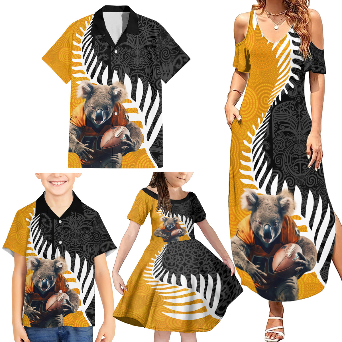 New Zealand and Australia Rugby Family Matching Summer Maxi Dress and Hawaiian Shirt Koala and Maori Warrior Together LT03 - Polynesian Pride