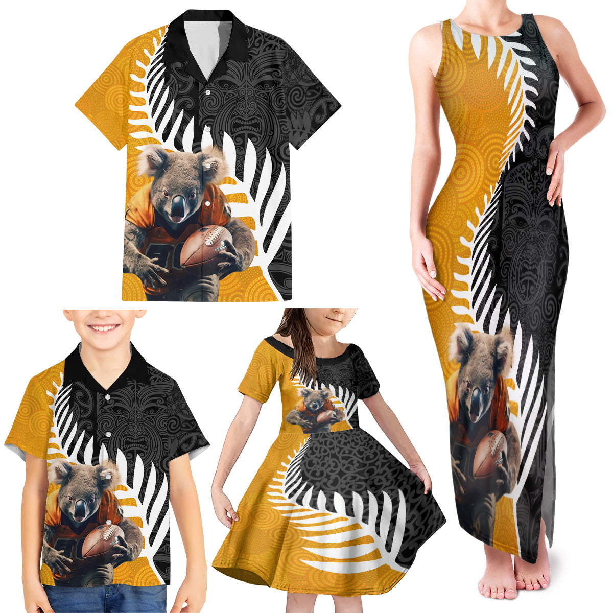 New Zealand and Australia Rugby Family Matching Tank Maxi Dress and Hawaiian Shirt Koala and Maori Warrior Together LT03 - Polynesian Pride