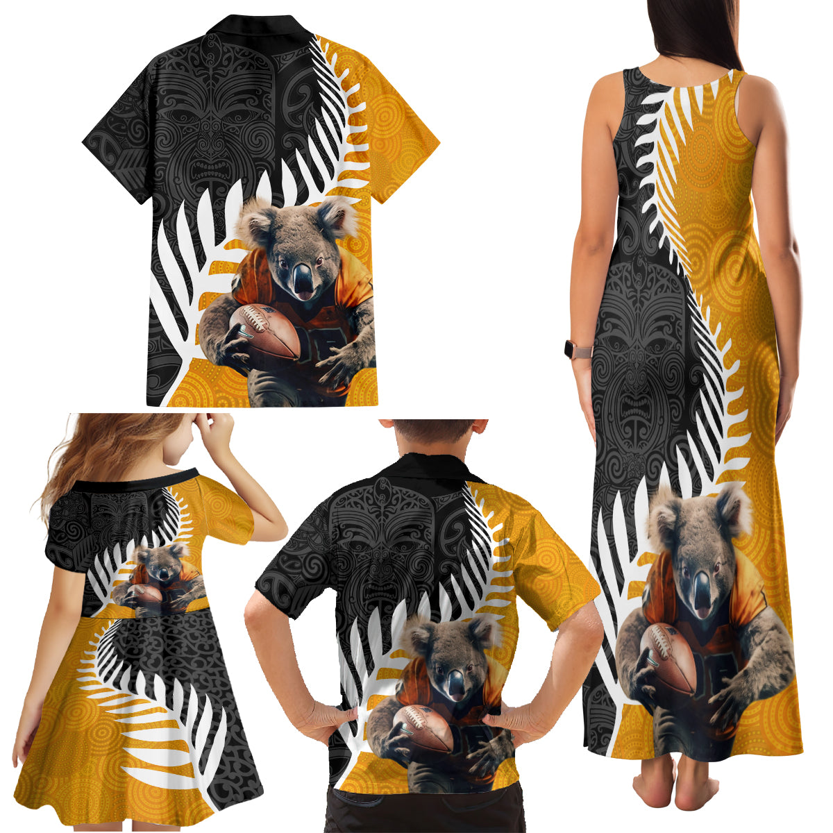 New Zealand and Australia Rugby Family Matching Tank Maxi Dress and Hawaiian Shirt Koala and Maori Warrior Together LT03 - Polynesian Pride