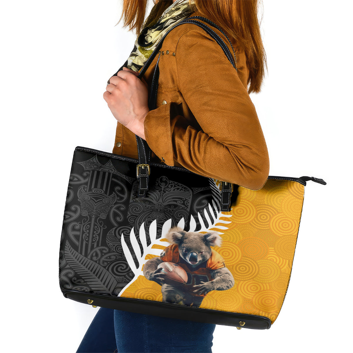 New Zealand and Australia Rugby Leather Tote Bag Koala and Maori Warrior Together LT03 Black - Polynesian Pride