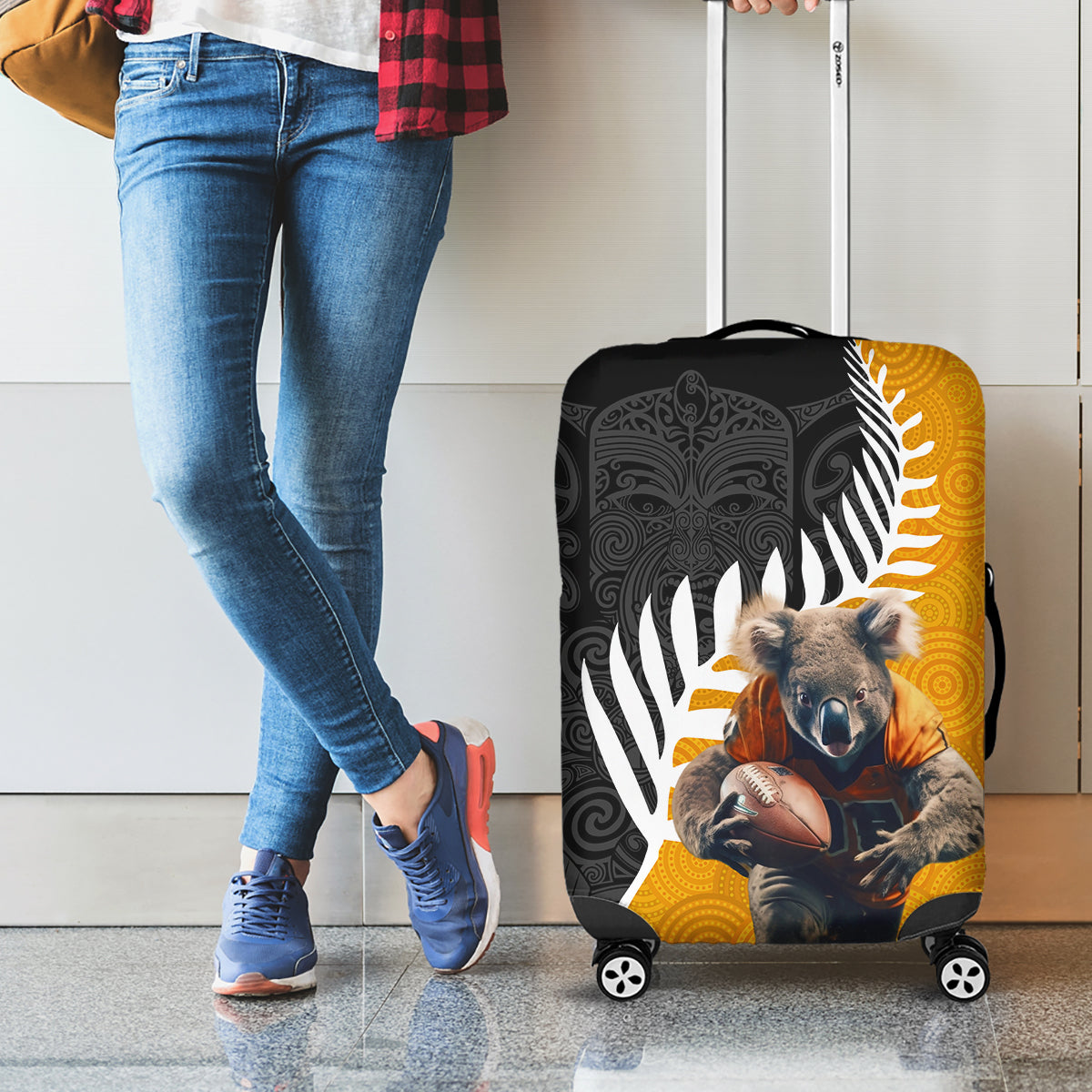 New Zealand and Australia Rugby Luggage Cover Koala and Maori Warrior Together