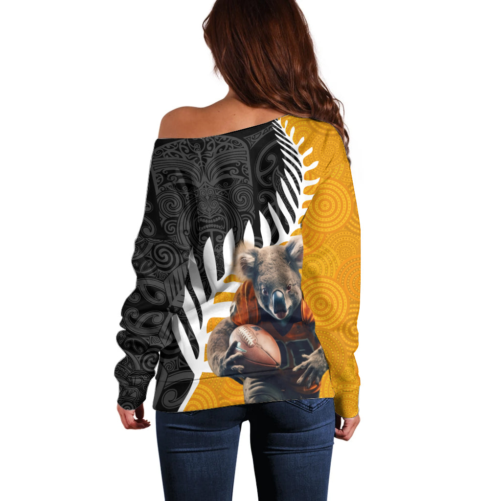 New Zealand and Australia Rugby Off Shoulder Sweater Koala and Maori Warrior Together