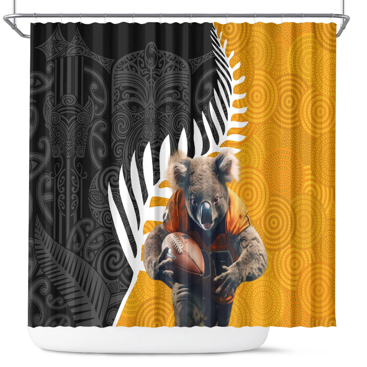 New Zealand and Australia Rugby Shower Curtain Koala and Maori Warrior Together LT03 Black - Polynesian Pride
