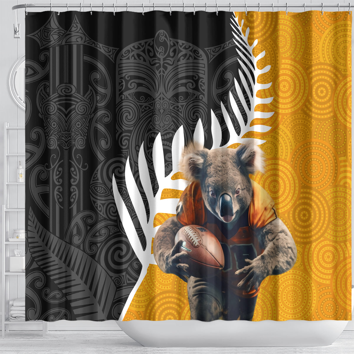 New Zealand and Australia Rugby Shower Curtain Koala and Maori Warrior Together LT03 - Polynesian Pride