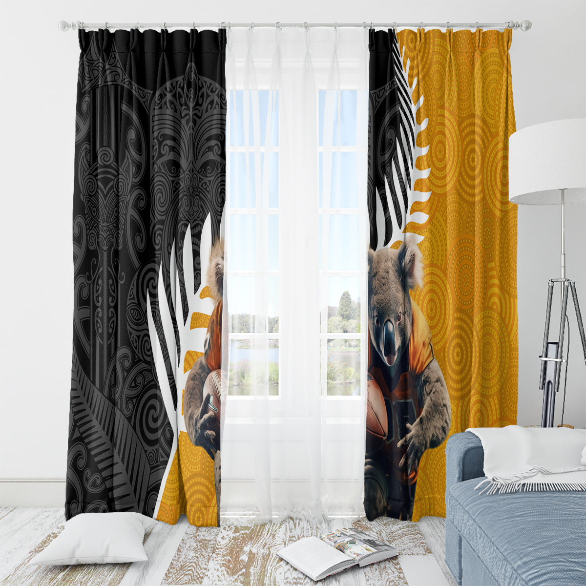 New Zealand and Australia Rugby Window Curtain Koala and Maori Warrior Together