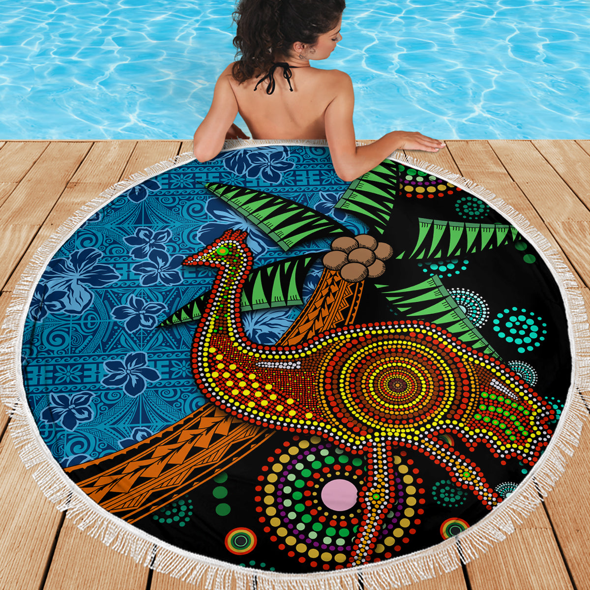 Fiji and Australia Beach Blanket Palm Tree and Abogirinal Emu