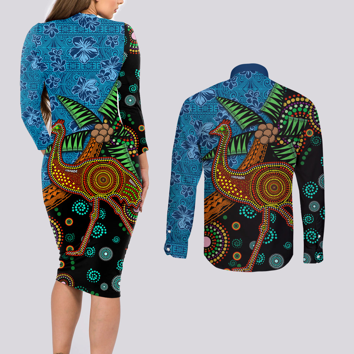 Fiji and Australia Couples Matching Long Sleeve Bodycon Dress and Long Sleeve Button Shirt Palm Tree and Abogirinal Emu