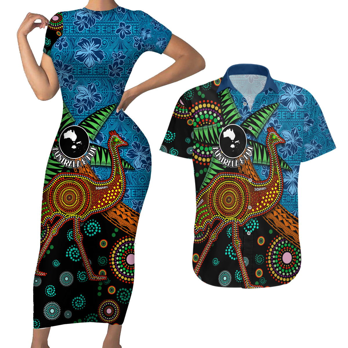 Fiji and Australia Couples Matching Short Sleeve Bodycon Dress and Hawaiian Shirt Palm Tree and Abogirinal Emu