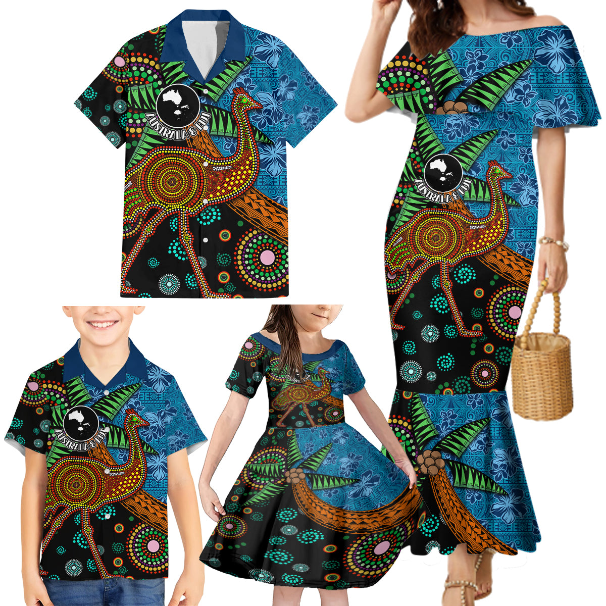 Fiji and Australia Family Matching Mermaid Dress and Hawaiian Shirt Palm Tree and Abogirinal Emu