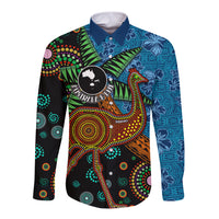 Fiji and Australia Long Sleeve Button Shirt Palm Tree and Abogirinal Emu