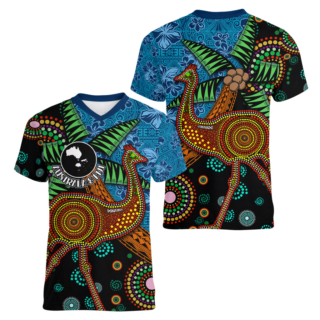 Fiji and Australia Women V-Neck T-Shirt Palm Tree and Abogirinal Emu