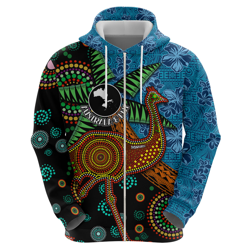 Fiji and Australia Zip Hoodie Palm Tree and Abogirinal Emu