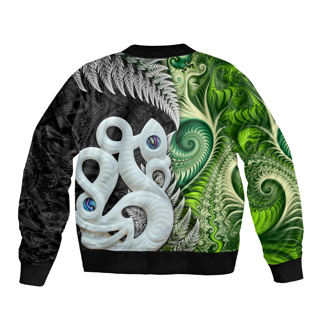 New Zealand Koru Natural Bomber Jacket Manaia and Silver Fern Maori Pattern