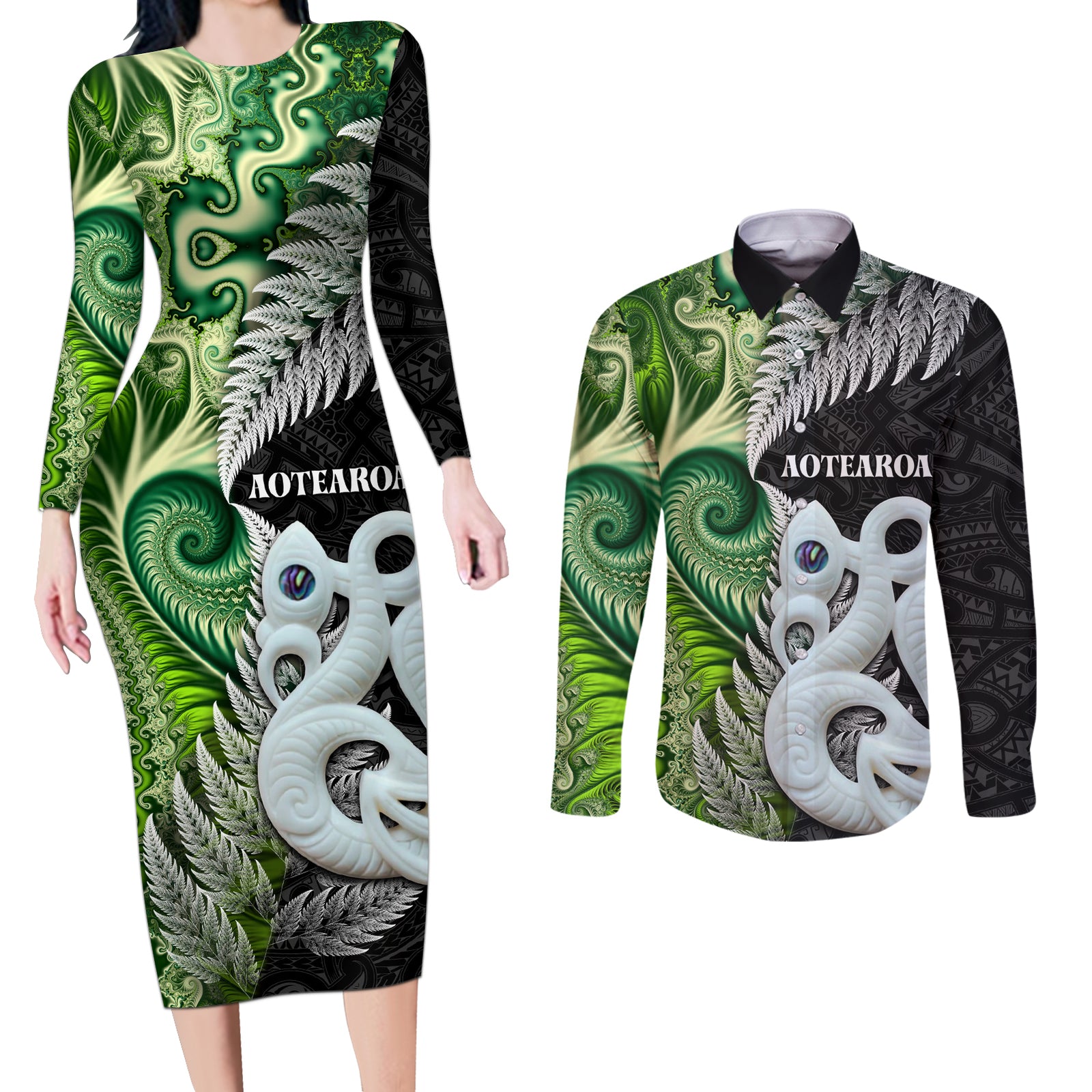 New Zealand Koru Natural Couples Matching Long Sleeve Bodycon Dress and Long Sleeve Button Shirt Manaia and Silver Fern Maori Pattern LT03 Black - Polynesian Pride