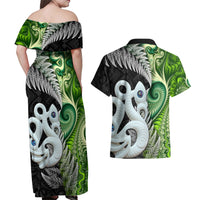 New Zealand Koru Natural Couples Matching Off Shoulder Maxi Dress and Hawaiian Shirt Manaia and Silver Fern Maori Pattern