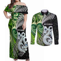 New Zealand Koru Natural Couples Matching Off Shoulder Maxi Dress and Long Sleeve Button Shirt Manaia and Silver Fern Maori Pattern LT03 Black - Polynesian Pride