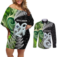 New Zealand Koru Natural Couples Matching Off Shoulder Short Dress and Long Sleeve Button Shirt Manaia and Silver Fern Maori Pattern LT03 Black - Polynesian Pride