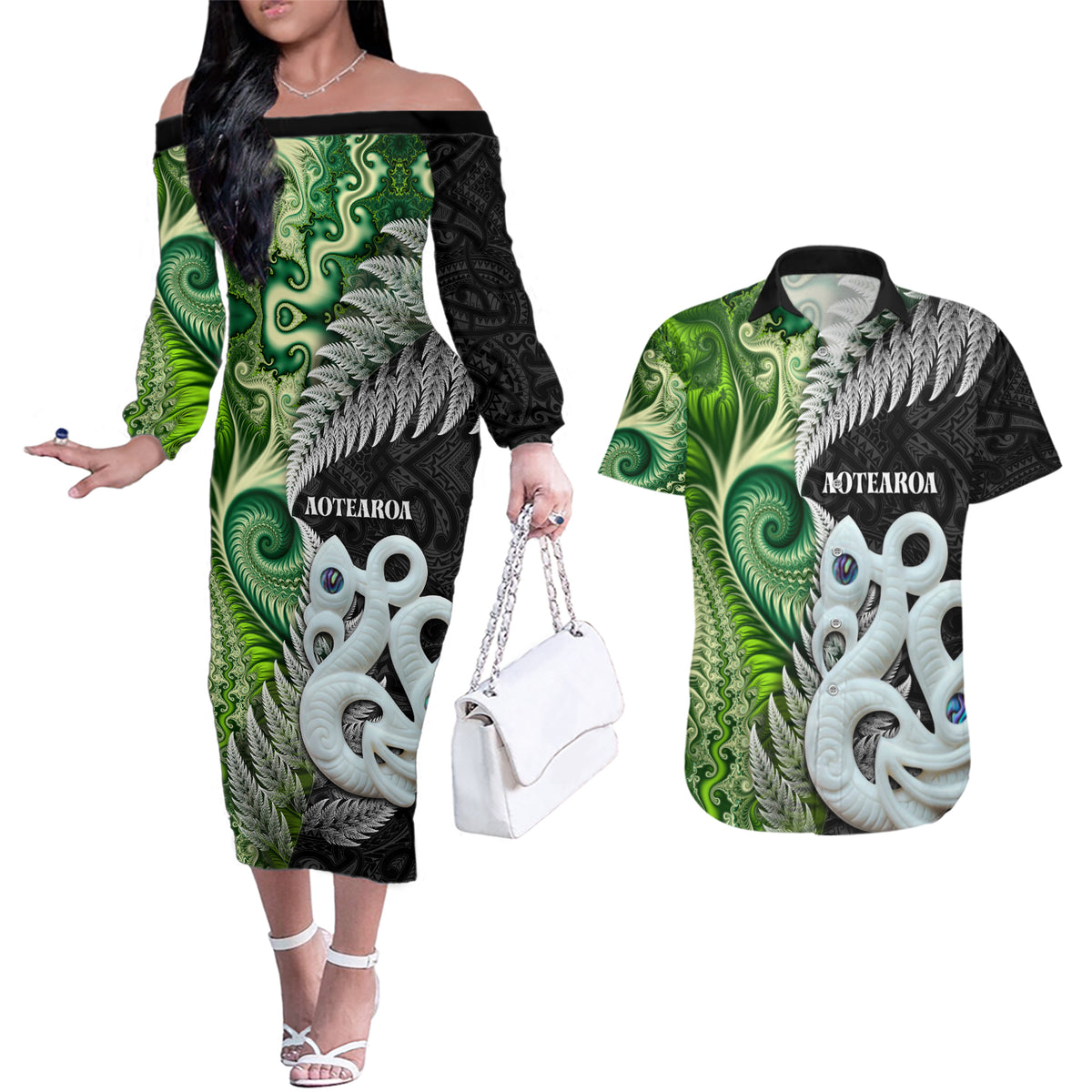 New Zealand Koru Natural Couples Matching Off The Shoulder Long Sleeve Dress and Hawaiian Shirt Manaia and Silver Fern Maori Pattern