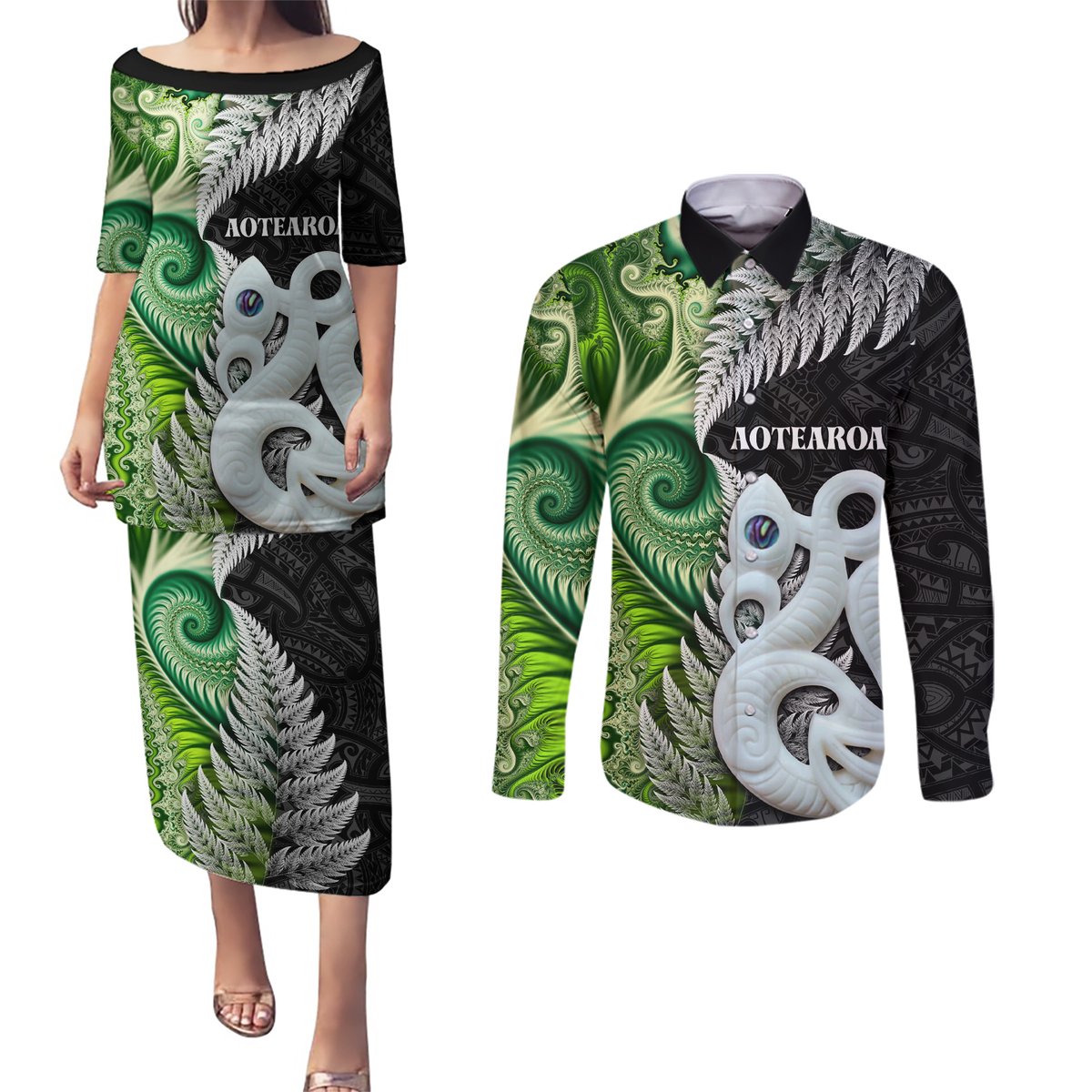 New Zealand Koru Natural Couples Matching Puletasi and Long Sleeve Button Shirt Manaia and Silver Fern Maori Pattern LT03 Black - Polynesian Pride