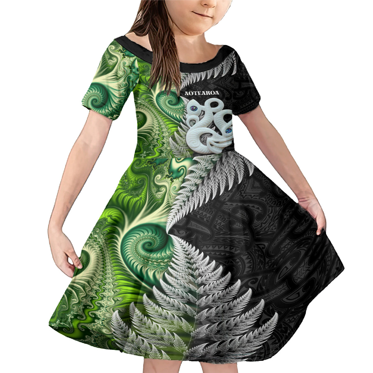 New Zealand Koru Natural Family Matching Mermaid Dress and Hawaiian Shirt Manaia and Silver Fern Maori Pattern LT03 Daughter's Dress Black - Polynesian Pride