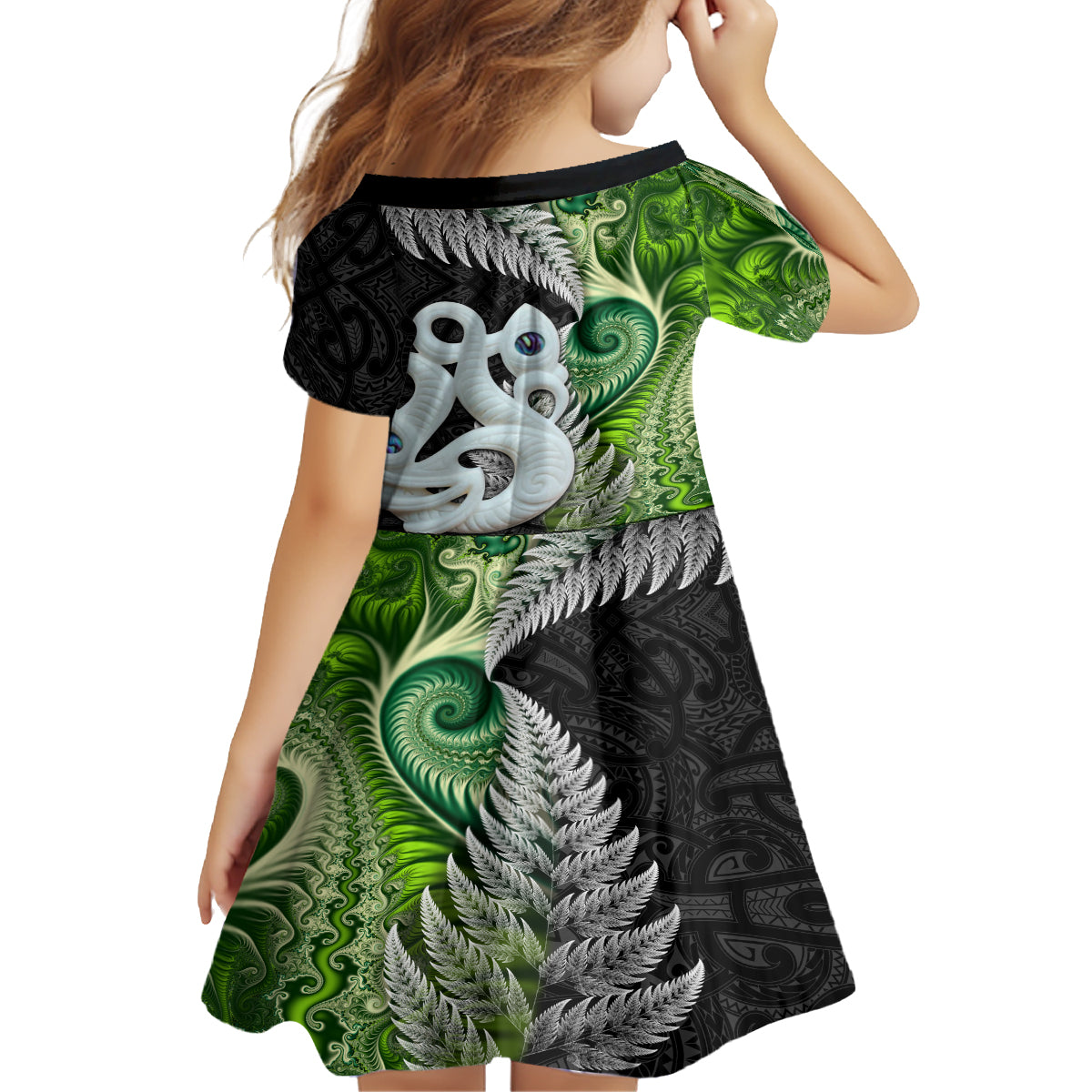 New Zealand Koru Natural Family Matching Off The Shoulder Long Sleeve Dress and Hawaiian Shirt Manaia and Silver Fern Maori Pattern