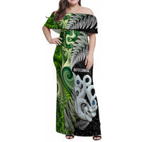New Zealand Koru Natural Family Matching Off Shoulder Maxi Dress and Hawaiian Shirt Manaia and Silver Fern Maori Pattern LT03 Mom's Dress Black - Polynesian Pride