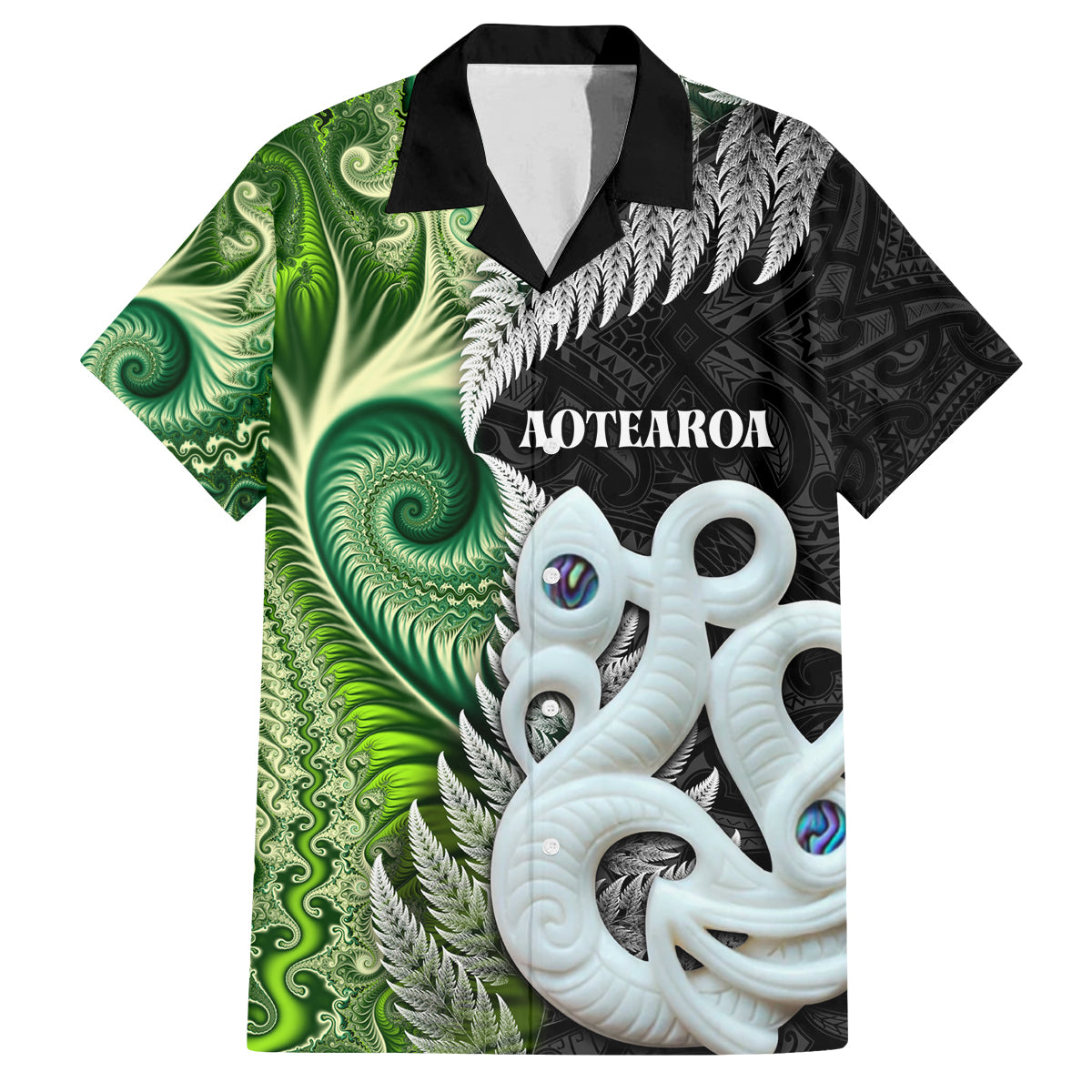 New Zealand Koru Natural Family Matching Off Shoulder Short Dress and Hawaiian Shirt Manaia and Silver Fern Maori Pattern LT03 Dad's Shirt - Short Sleeve Black - Polynesian Pride