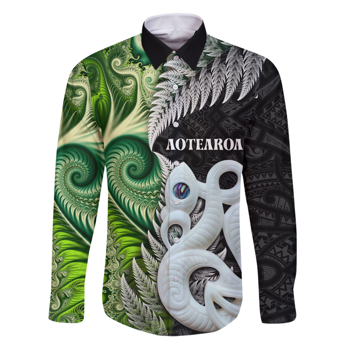 New Zealand Koru Natural Family Matching Off Shoulder Short Dress and Hawaiian Shirt Manaia and Silver Fern Maori Pattern LT03 Dad's Shirt - Long Sleeve Black - Polynesian Pride