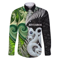 New Zealand Koru Natural Family Matching Off Shoulder Short Dress and Hawaiian Shirt Manaia and Silver Fern Maori Pattern LT03 Dad's Shirt - Long Sleeve Black - Polynesian Pride