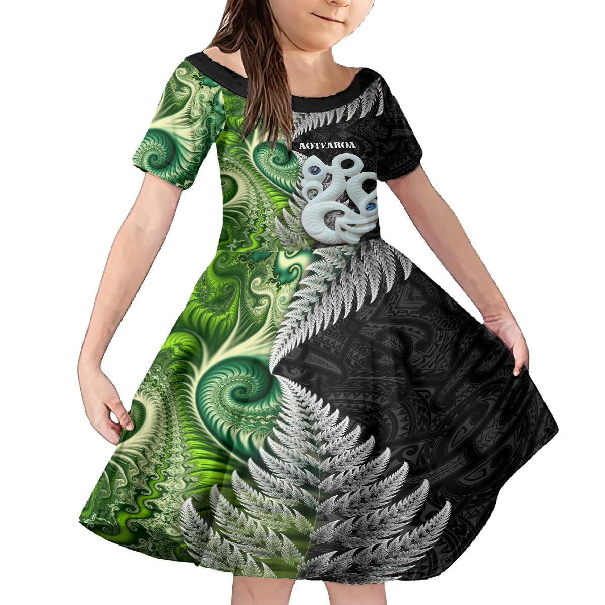 New Zealand Koru Natural Family Matching Puletasi and Hawaiian Shirt Manaia and Silver Fern Maori Pattern LT03 Daughter's Dress Black - Polynesian Pride