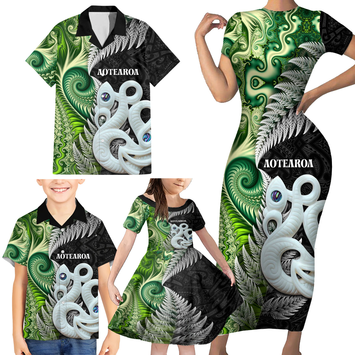 New Zealand Koru Natural Family Matching Short Sleeve Bodycon Dress and Hawaiian Shirt Manaia and Silver Fern Maori Pattern LT03 - Polynesian Pride
