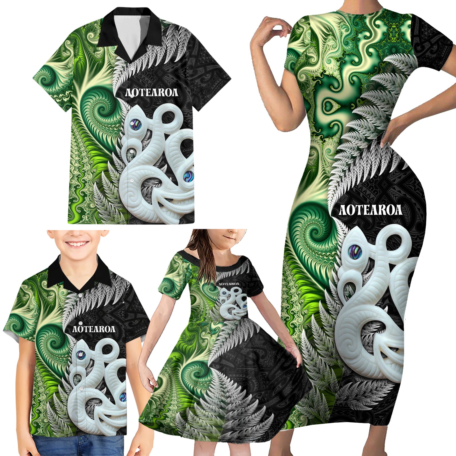 New Zealand Koru Natural Family Matching Short Sleeve Bodycon Dress and Hawaiian Shirt Manaia and Silver Fern Maori Pattern LT03 - Polynesian Pride