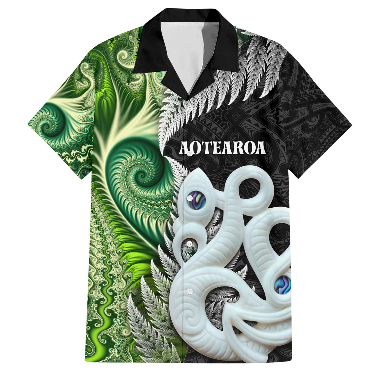 New Zealand Koru Natural Family Matching Short Sleeve Bodycon Dress and Hawaiian Shirt Manaia and Silver Fern Maori Pattern LT03 Dad's Shirt - Short Sleeve Black - Polynesian Pride