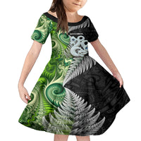 New Zealand Koru Natural Family Matching Summer Maxi Dress and Hawaiian Shirt Manaia and Silver Fern Maori Pattern LT03 Daughter's Dress Black - Polynesian Pride