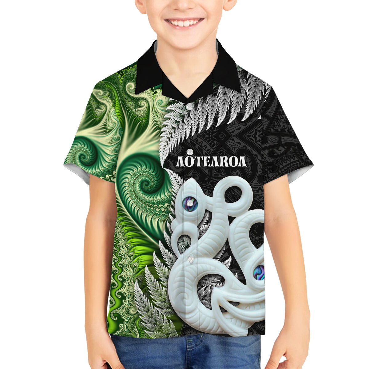 New Zealand Koru Natural Family Matching Summer Maxi Dress and Hawaiian Shirt Manaia and Silver Fern Maori Pattern LT03 Son's Shirt Black - Polynesian Pride