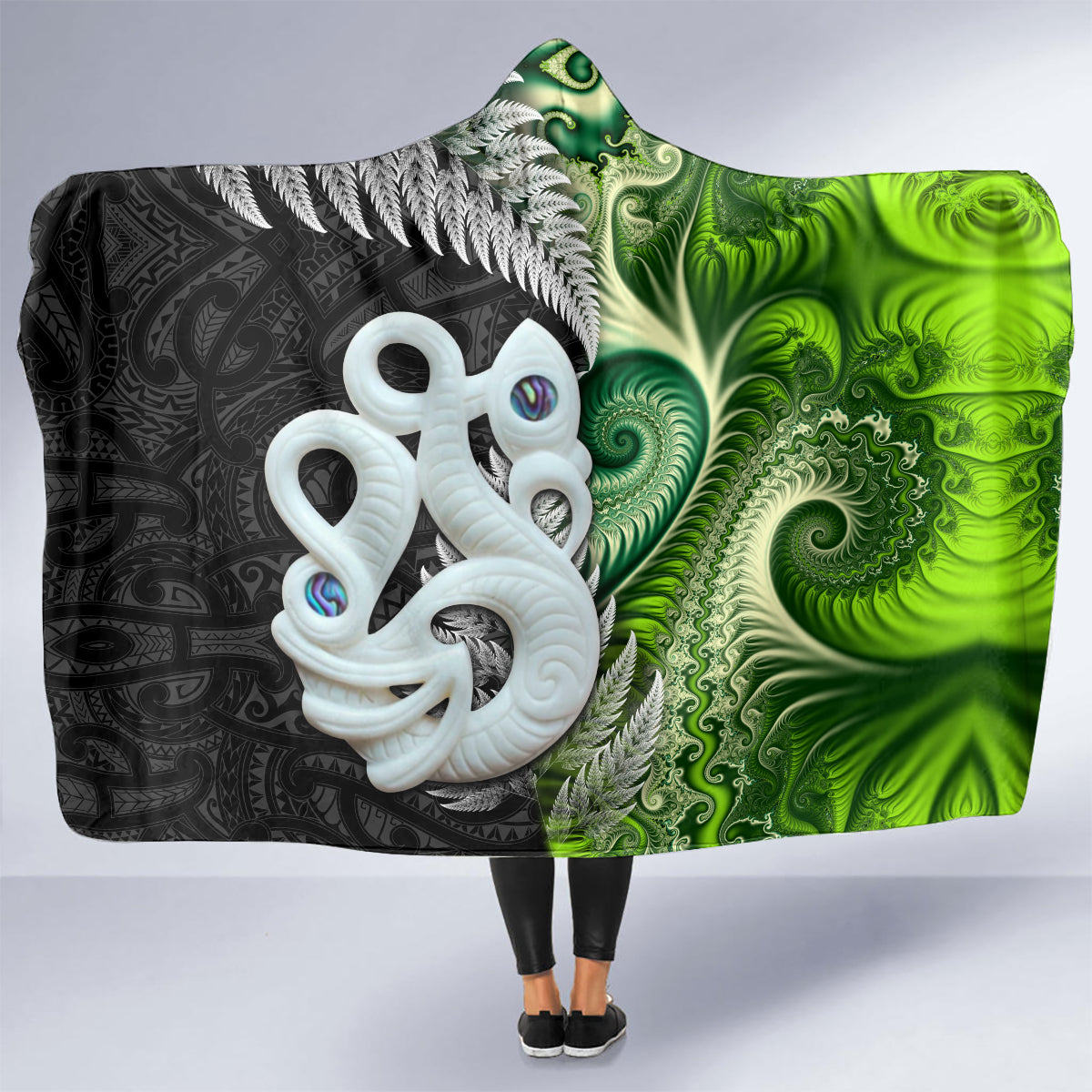 New Zealand Koru Natural Hooded Blanket Manaia and Silver Fern Maori Pattern