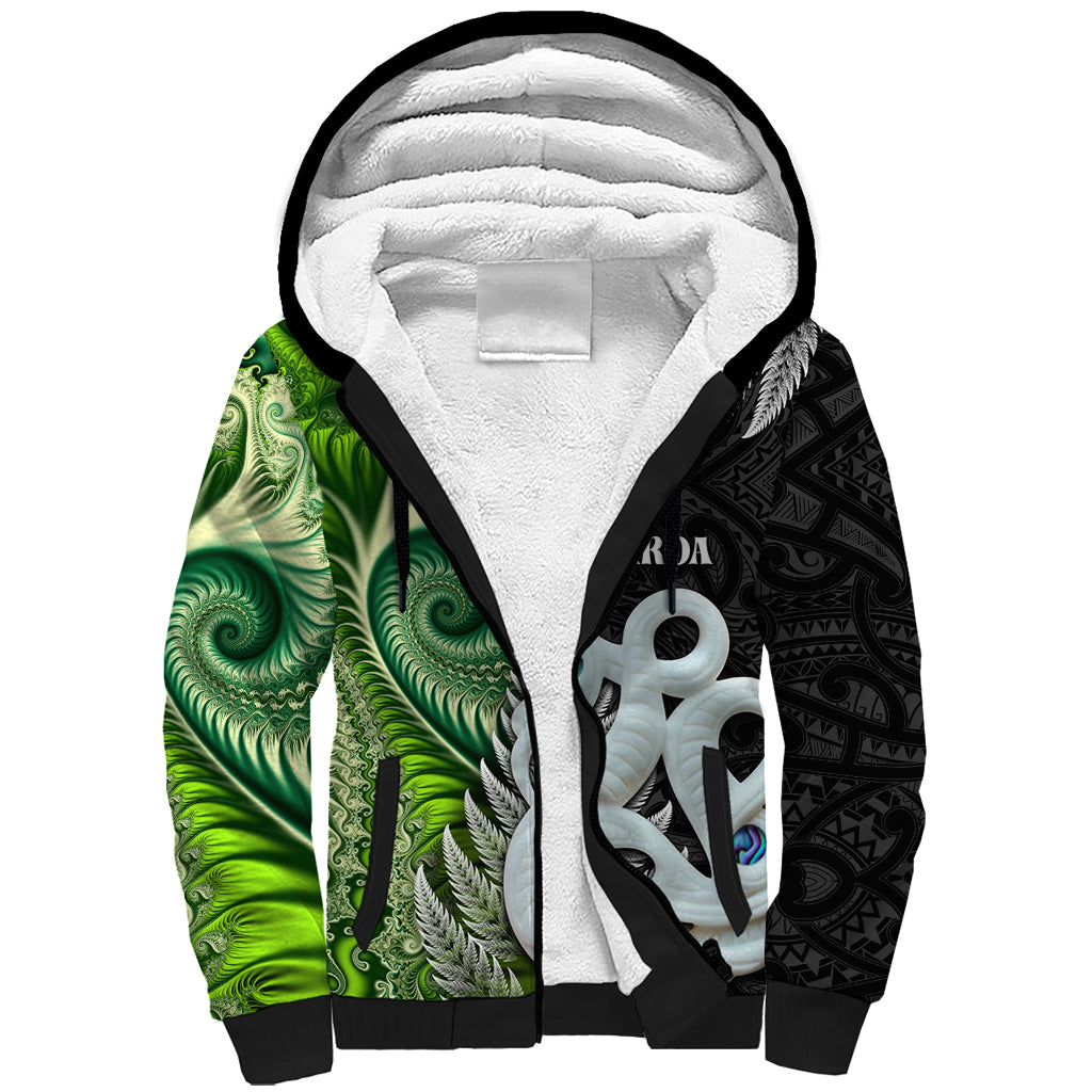 New Zealand Koru Natural Sherpa Hoodie Manaia and Silver Fern Maori Pattern