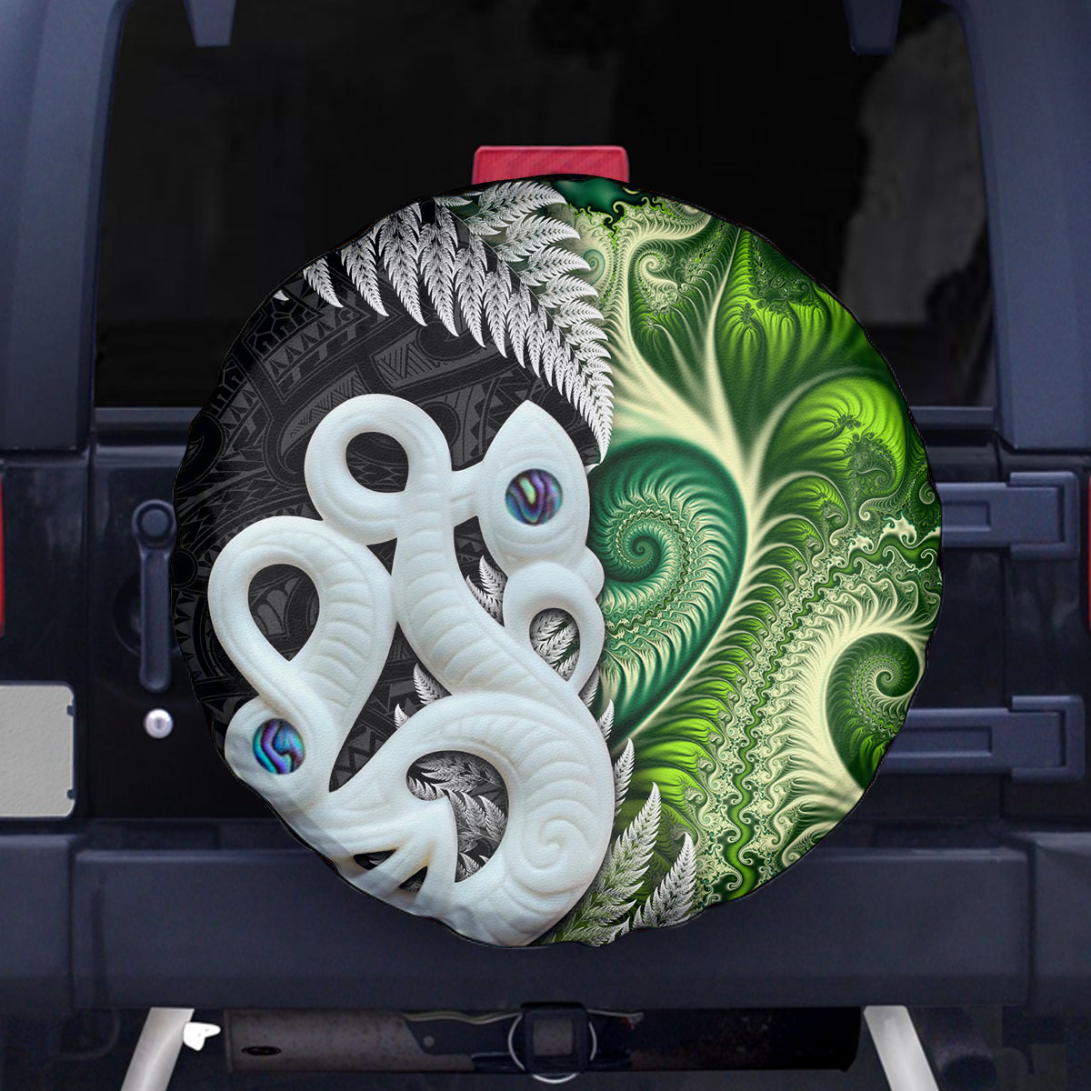 New Zealand Koru Natural Spare Tire Cover Manaia and Silver Fern Maori Pattern