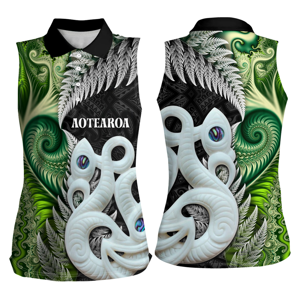 New Zealand Koru Natural Women Sleeveless Polo Shirt Manaia and Silver Fern Maori Pattern