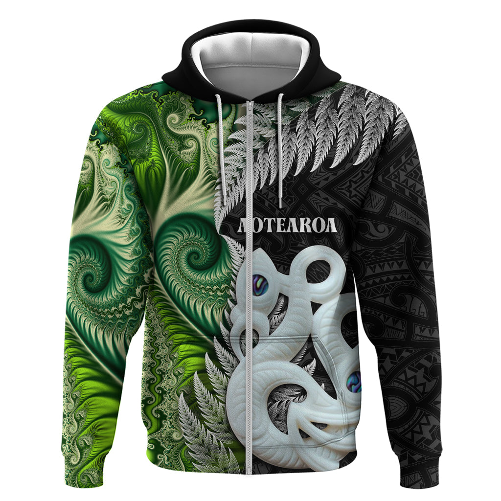 New Zealand Koru Natural Zip Hoodie Manaia and Silver Fern Maori Pattern