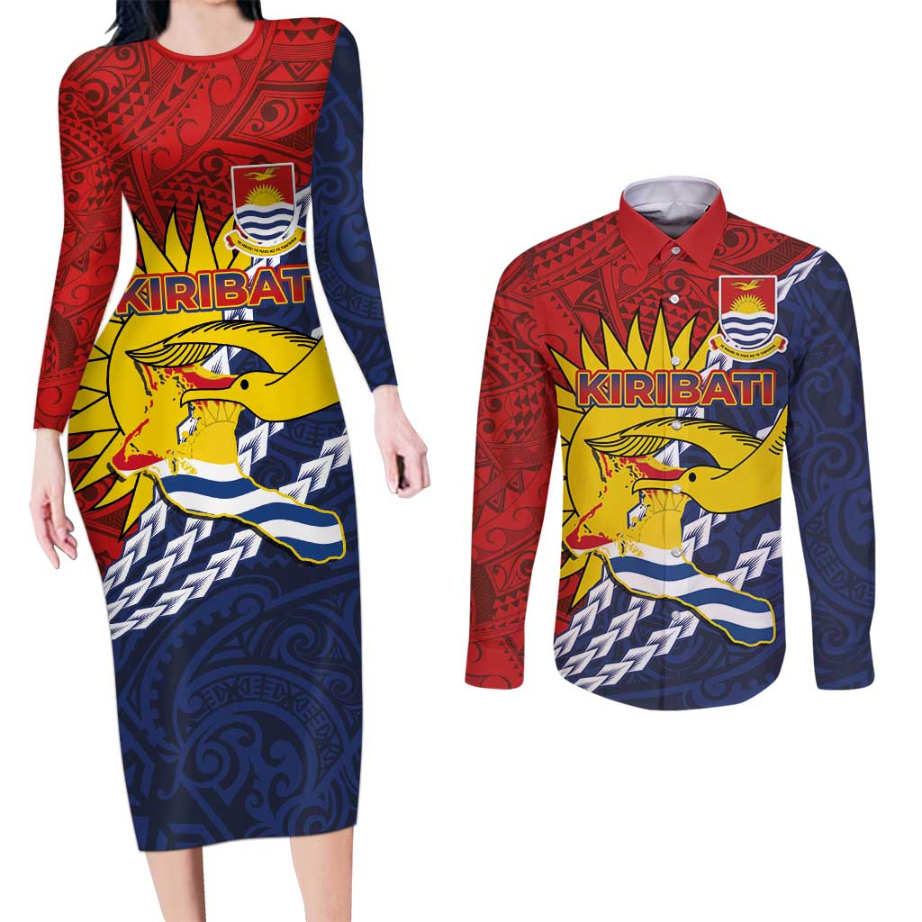 Kiribati Independence Day Couples Matching Long Sleeve Bodycon Dress and Long Sleeve Button Shirt Polynesian and Melanesian Art Tattoo LT03 Red - Polynesian Pride