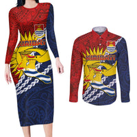 Kiribati Independence Day Couples Matching Long Sleeve Bodycon Dress and Long Sleeve Button Shirt Polynesian and Melanesian Art Tattoo LT03 Red - Polynesian Pride