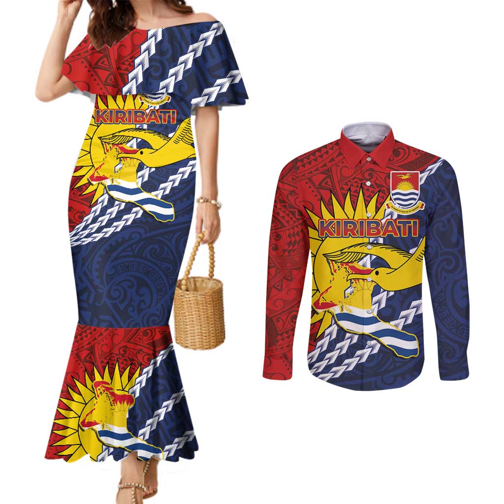 Kiribati Independence Day Couples Matching Mermaid Dress and Long Sleeve Button Shirt Polynesian and Melanesian Art Tattoo LT03 Red - Polynesian Pride