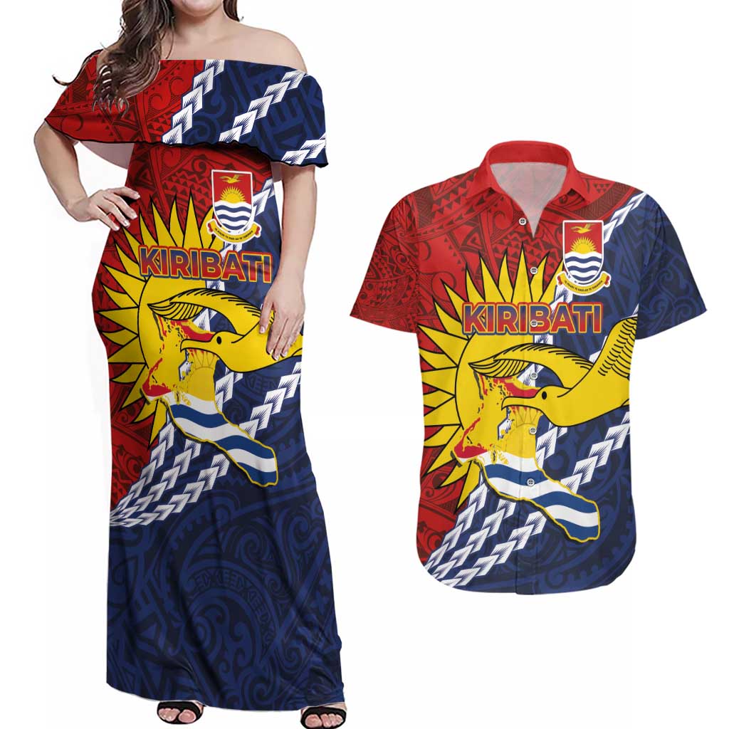Kiribati Independence Day Couples Matching Off Shoulder Maxi Dress and Hawaiian Shirt Polynesian and Melanesian Art Tattoo LT03 Red - Polynesian Pride