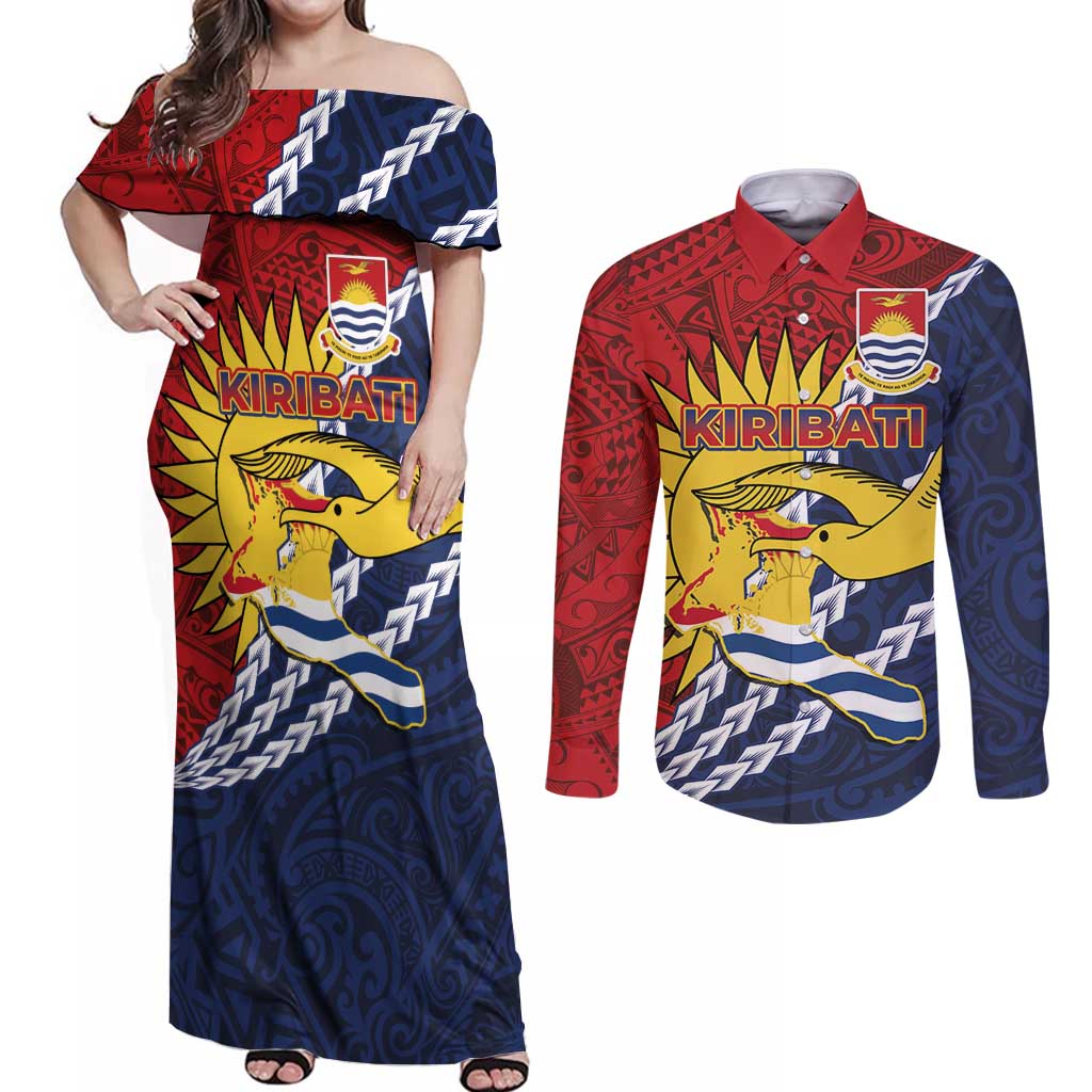 Kiribati Independence Day Couples Matching Off Shoulder Maxi Dress and Long Sleeve Button Shirt Polynesian and Melanesian Art Tattoo LT03 Red - Polynesian Pride