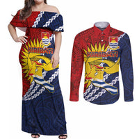 Kiribati Independence Day Couples Matching Off Shoulder Maxi Dress and Long Sleeve Button Shirt Polynesian and Melanesian Art Tattoo LT03 Red - Polynesian Pride